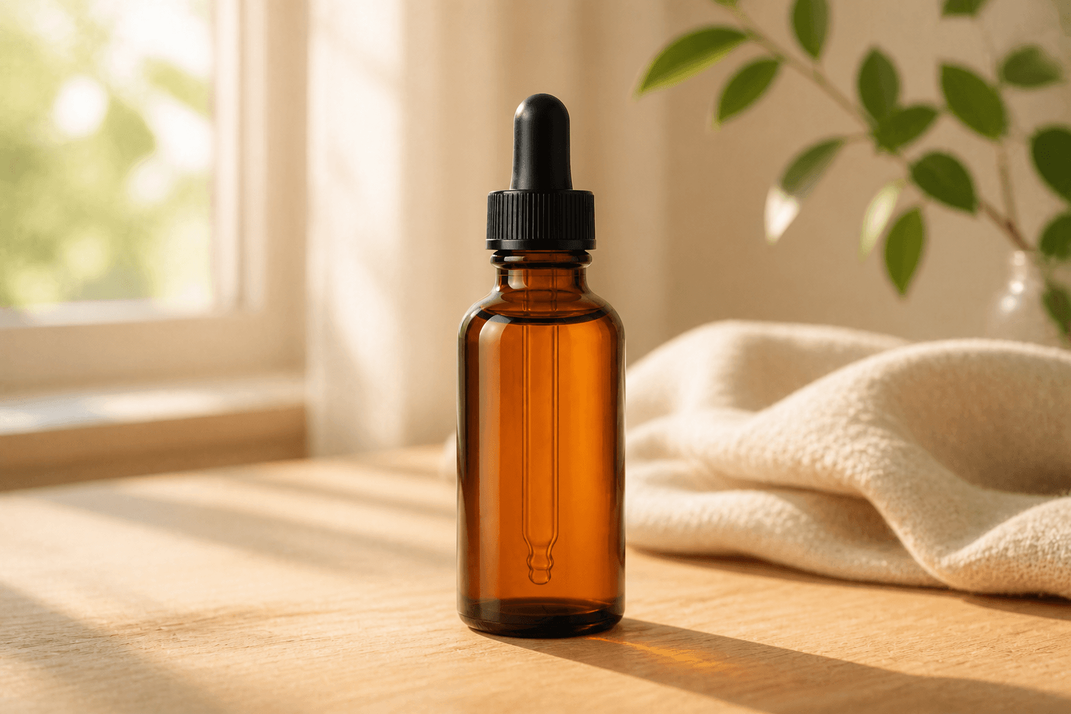 Serum bottle directed into a lifestyle scene