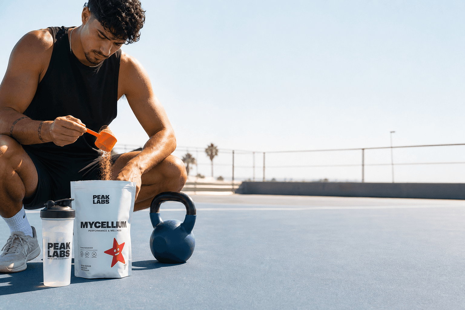 Athlete preparing PEAK LABS mycelium powder