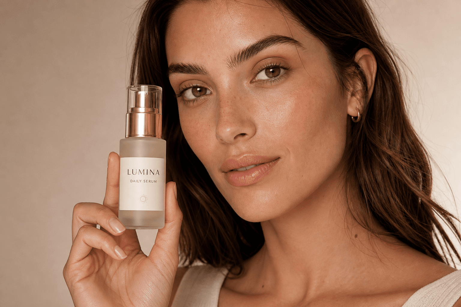 Beauty campaign photograph of a model with skincare product