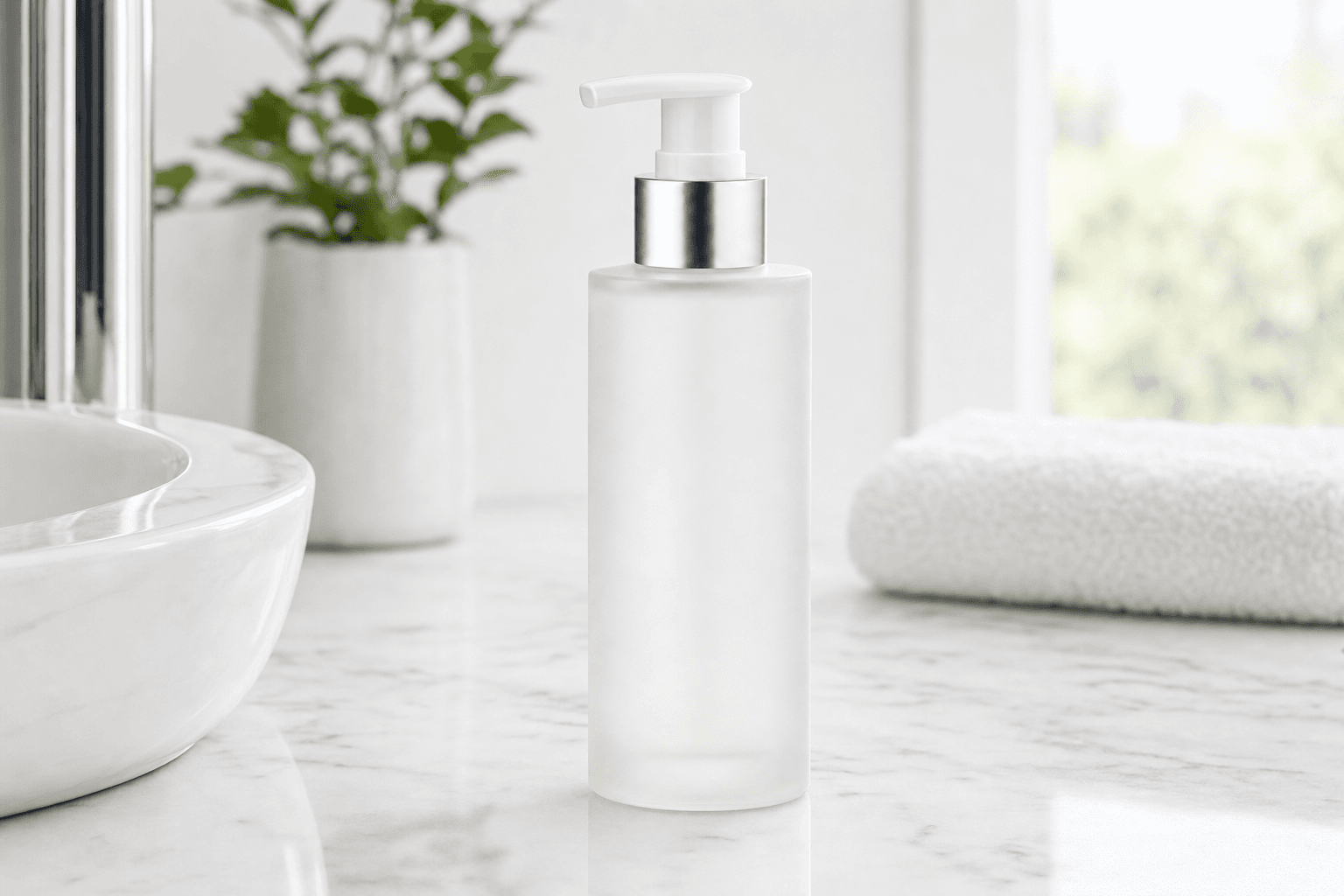 Skincare bottle on marble in a bright bathroom