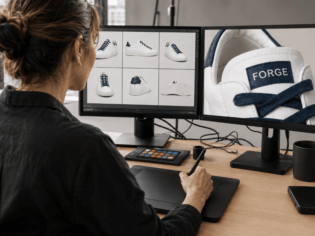 Retoucher refining the FORGE sneaker image on screen with no physical product on the desk